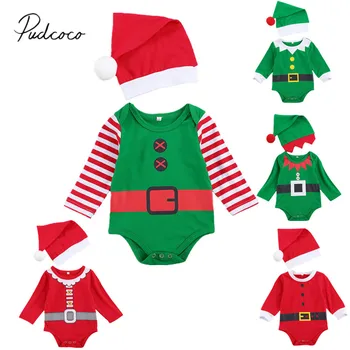 2 предмета рождественских нарядов для новорожденных, комбинезон с принтом на шее и длинным рукавом + шапочка с помпоном, Одежда Санта-Клауса