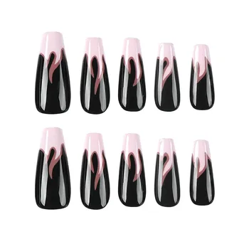 Черные глянцевые накладные ногти с принтом розового пламени, легкие и легко наклеиваемые накладные ногти для модных девушек, подходящие к платью.