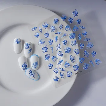 ФЕВРАЛЬ-544 Синие и белые керамические наклейки для ногтей Blue Flowers 5D, рельефные наклейки для ногтей, переводной слайдер