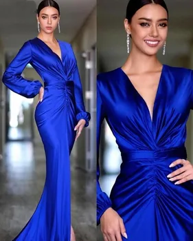 Элегантные вечерние платья королевского синего цвета с глубоким V-образным вырезом и длинным рукавом, русалка, арабское платье для выпускного вечера знаменитостей для женщин, вечернее платье для вечеринок
