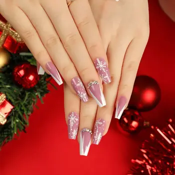 Длинные накладные ногти в виде балерины в виде гроба, модные французские наконечники для ногтей Санта-Клауса, хрустальный колокольчик, накладные ногти для салона красоты