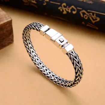 Ретро тайская серебряная цепочка, браслет из стерлингового серебра, уникальный браслет из пеньковой веревки ручной работы, мужская мода