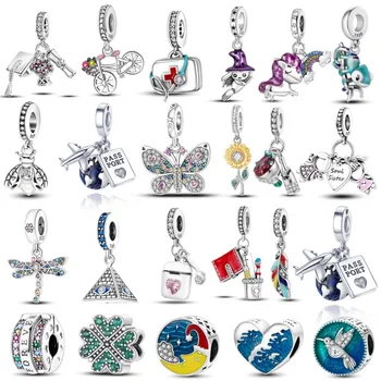 Бусины подходят к оригинальному браслету Pandora, инкрустированному циркониевыми подвесками из стерлингового серебра 925 пробы в форме сердца, разноцветным подвескам на крючках, ювелирным украшениям для браслетов
