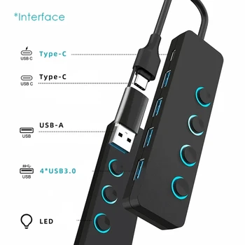 Настоящий USB 3.0 /Type C многопортовый концентратор-разветвитель с индивидуальным переключателем, 4 порта, док-станция для зарядки, USB-удлинитель для ноутбуков Macbook Air
