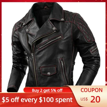 Черная весенняя мужская куртка в мотоциклетном стиле Плюс размер 4XL из натуральной воловьей кожи Naturla Осенние приталенные короткие пальто из натуральной кожи
