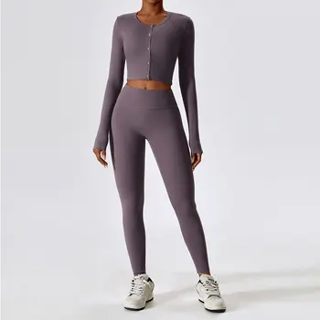 Комплект одежды для йоги Женские леггинсы с высокой талией и топ из двух частей Бесшовный спортивный костюм Одежда для фитнеса Одежда для спортзала Спортивная одежда