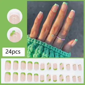Простой искусственный надавливание на накладные ногти Кончики накладных ногтей Короткий ноготь с зеленым цветком Французская Зеленая сторона