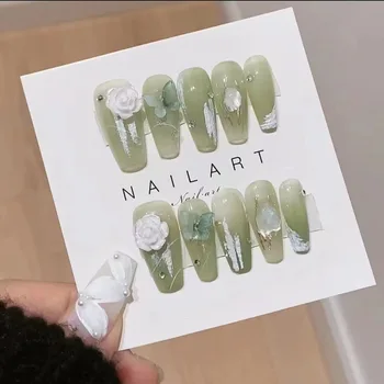 10шт носимых градиентных зеленых наклеек на ногти, длинные акриловые накладные ногти с рисунком камелия, корейские накладные ногти ручной работы.