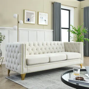 Бежевый бархатный диван с квадратными подлокотниками, современный диван с мягкой обивкой и металлическими ножками для мебели для гостиной