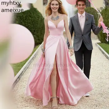 Длинные Сексуальные Элегантные Длинные Розовые платья для выпускного вечера, Женское атласное вечернее платье с V-образным вырезом и открытой спиной, вечерние платья 2023