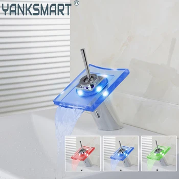YANKSMART 3 цвета Умывальник с квадратной светодиодной подсветкой Водопад, установленный на бортике, Хромированные смесители для ванной комнаты с одной ручкой, смеситель для воды