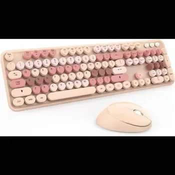 Коричневая комбинированная беспроводная клавиатура и мышь, Красочная Ретро-клавиатура с круглыми колпачками для клавиш, Подключение без отключения на частоте 2,4 ГГц, Симпатичная мышь