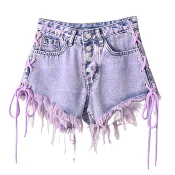 Фиолетовые джинсовые шорты с кисточками, женские летние горячие брюки с высокой талией, Острый меховой подол для девочек, открывающий тонкие Широкие ноги