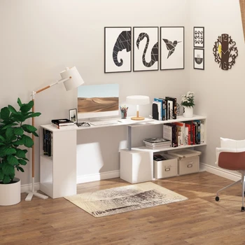 Угловой компьютерный стол 55 дюймов с поворотом на 360 °, современное рабочее место для домашнего офиса L-образной формы с 3-х ярусными полками для хранения, книжная полка