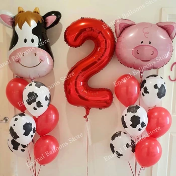 16шт Тема фермы Корова Свинья Животные Воздушные шары с цифрами для мальчиков 1, 2, 3, 4, 5-й День Рождения Украшение Душа ребенка Гелиевый шар