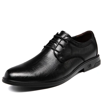 Кожаная обувь Официальные деловые мужские туфли с круглым носком, Дышащие удобные оксфорды, мужская однотонная мужская обувь на шнуровке