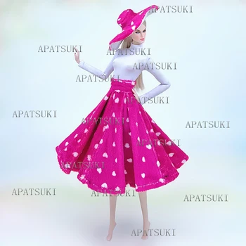 Ярко-розовый комплект костюмов для куклы Барби, белые топы, юбки в горошек, шляпа, повседневная одежда, детские игрушки своими руками