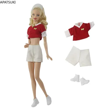 Красно-белый комплект одежды для куклы Барби, укороченный топ, Белые шорты, Обувь, модные наряды, аксессуары для кукол 1:6, Детские игрушки своими руками