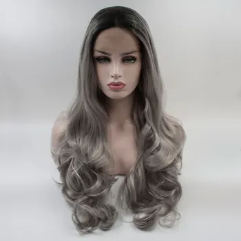 Черный Омбре Серебристо-серый Синтетический парик с кружевом спереди, Объемная волна, Термостойкие волокнистые волосы, естественная линия роста волос, Средний пробор для женщин