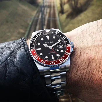 Модные мужские часы Parnis с 40-миллиметровым серебристым корпусом из нержавеющей стали, механические автоматические мужские часы GMT, сапфировое стекло, роскошные наручные часы, подарок мужчине