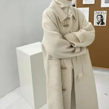 2023, Осень-Зима, Новое женское шерстяное пальто с роговыми пуговицами, женское Корейское Стильное Свободное Повседневное Длинное пальто выше колена