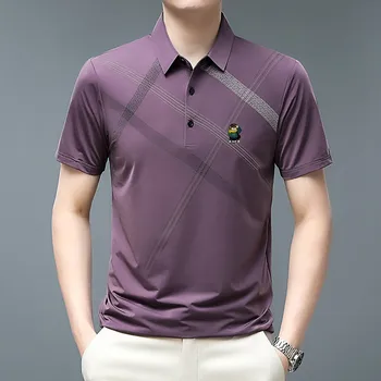 Новая летняя мужская рубашка поло с вышитым логотипом, мужская полосатая деловая футболка-поло с круглым вырезом, модный мужской топ из ледяного шелка с коротким рукавом