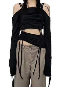 Женские топы с открытыми плечами, длинный рукав, бретелька-спагетти, однотонные футболки с завязками, Сексуальные блузки, уличная одежда Y2k
