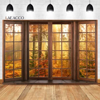 Laeacco Осенний пейзаж из окна, фон для фотосъемки, Осенний Кленовый лес, листья тыквы, вечеринка, Сбор урожая на ферме, Портретный фон