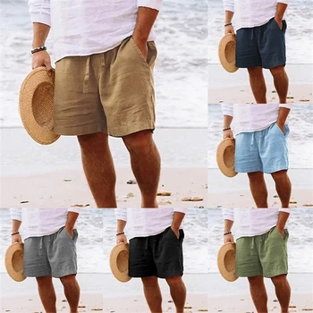 Мужские летние шорты из хлопка и льна с эластичной резинкой на талии, прямые штанины, однотонные Удобные дышащие короткие повседневные пляжные шорты Plus