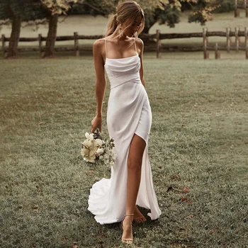 Новые свадебные платья на бретельках-спагетти для женщин Элегантные свадебные платья со складками на спине с разрезом 