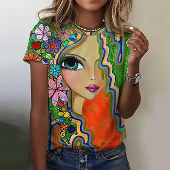 Летний женский модный топ, 3D футболка с цветочным рисунком, роспись лица, харадзюку, яркая футболка с короткими рукавами