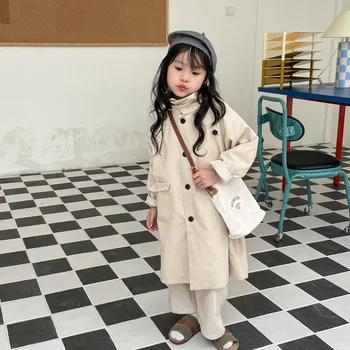 Детское пальто средней длины для девочек и мальчиков, ветровка 2023, Новое осеннее свободное пальто в корейском стиле