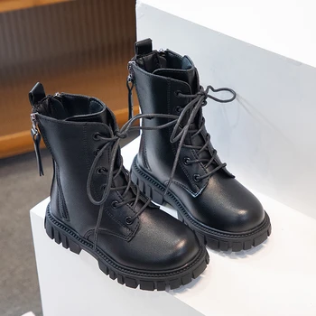 Ботинки для девочек, простая нескользящая молния сзади, летние дышащие Универсальные мягкие осенне-зимние черные детские кожаные ботинки, новинка 2023 года.