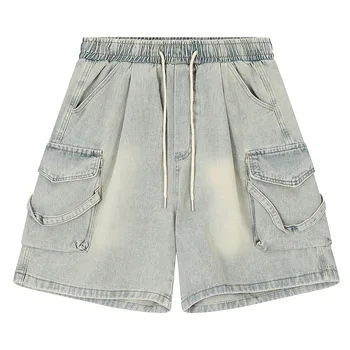 Мужские модные винтажные короткие джинсы-карго в стиле хип-хоп Оверсайз с большими карманами, мешковатые джинсовые шорты в стиле Хай-Стрит в стиле ретро с эластичной резинкой на талии