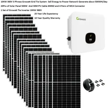 Полный Комплект Солнечных Панелей Для Дома 10000 Вт 380 В 3-Фазная Сетевая Система Growatt Grid Tie Инвертор 10 кВт 2 MPPT Фотоэлектрическая Панель 500 Вт Вилла