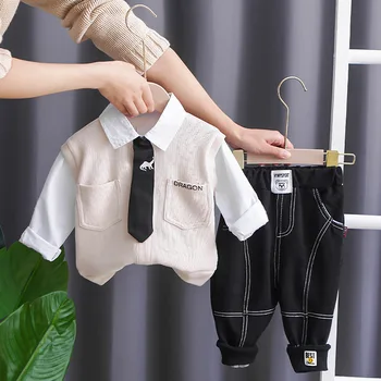 Одежда для малышей, весенне-осенний мультяшный пуловер в стиле пэчворк, Футболки с длинными рукавами и брюки, комплект одежды для Корейского мальчика для хосписа