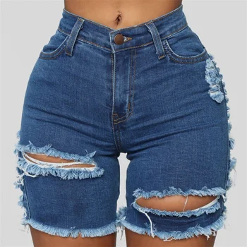 Сексуальные рваные джинсовые шорты-стрейч, женская повседневная трендовая уличная одежда, брюки с высокой талией, облегающие брюки в пять четвертей, женские джинсы с рваными дырками.