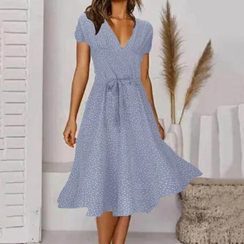 Сезон весна/ лето 2023, женское платье eaby Amazon с короткими рукавами и V-образным вырезом, сексуальное платье в горошек с цветочным принтом, белое