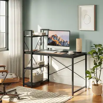 Лучший 56-дюймовый компьютерный стол с полками для домашнего офиса из ретро-серого дуба-Темная офисная мебель Компьютерные столы