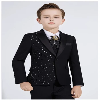 Модный костюм из 3 предметов в английском стиле для детей, мальчиков, новейший дизайн, Официальный свадебный смокинг, Сценический костюм для подиума, детский костюм для мальчика