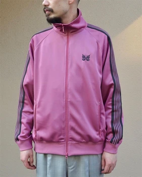 23SS Новый стиль 
 Розовая куртка с вышивкой Иглами в полоску Для мужчин и женщин 1: 1, Пальто с вышивкой бабочкой