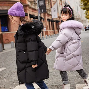 детская одежда 2022, Розовое стильное пальто на утином пуху с капюшоном для девочек среднего и крупного возраста, детская теплая и толстая пуховая куртка