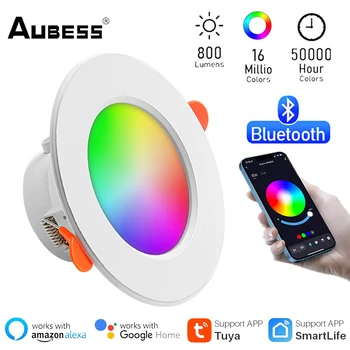 Aubess Светодиодный Светильник мощностью 10 Вт, Совместимый с Bluetooth, Светодиодный Потолочный светильник Tuya RGB С регулируемой Яркостью, Встраиваемый Круглый Светильник Работает с приложением Smart Life