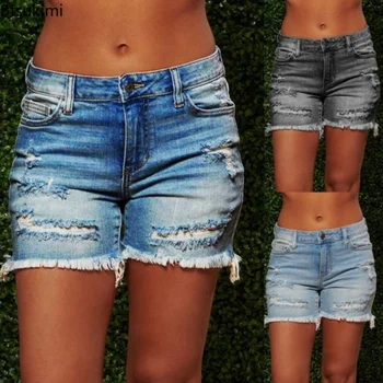 2023 Женские Летние синие рваные джинсовые шорты, уличная одежда, джинсовые шорты с высокой талией и пуговицами, сексуальные джинсовые шорты с дырками и карманами с кисточками, женские