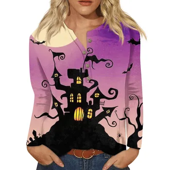 Одежда для женщин с принтом в виде замка на Хэллоуин, круглый вырез, длинный рукав, Праздничный облегающий костюм для вечеринки, блузка Camisetas