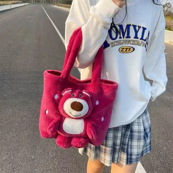 Плюшевая сумка через плечо в стиле INS с сердечком для девочки большой емкости, милая мультяшная сумка с клубничным мишкой