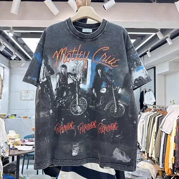 Европейская и американская футболка с ретро-принтом в стиле хай-стрит, мотоцикл в стиле рок для мужчин и женщин