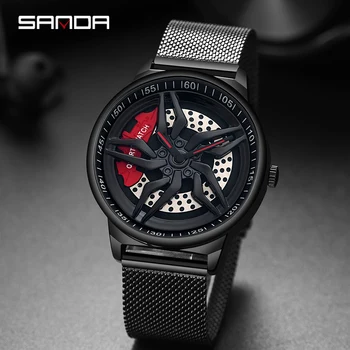 SANDA Совершенно Новая уникальная реальная 3D модель Вращающихся часов со ступицей колеса автомобиля, Роскошные Светящиеся японские водонепроницаемые часы Super Car Rim для мужчин