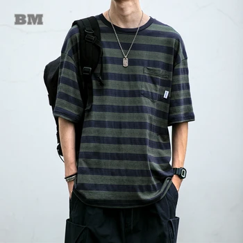 Летняя Корейская уличная одежда, футболка в полоску для мужчин, Модная футболка с коротким рукавом, Японские повседневные топы Harajuku в винтажном стиле, мужские