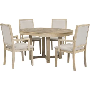 Обеденный стол из 5 предметов, Двухразмерный Обеденный стол из дерева с круглой или овальной раскладкой в виде листа Бабочки и 4 Обеденных стула с мягкой обивкой